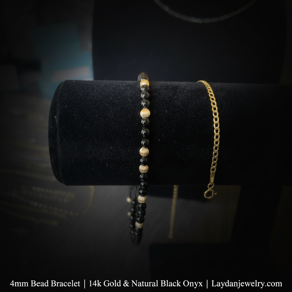 4mm Black Onyx Bead Bracelet - Luxury Dark with Description
