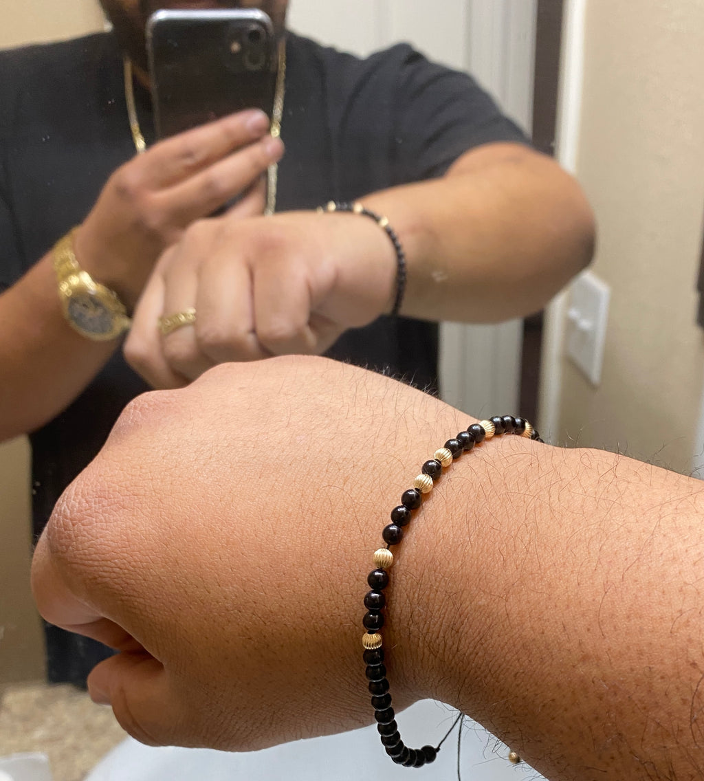 4mm 14k gold and natural black onyx bead bracelet